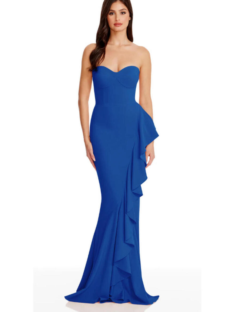 Dress the Population Paris Gown Long Blue Formal Ruffle Strapless Large flawed